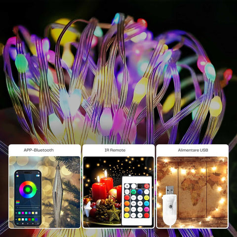 Ghirlanda Luminoasa Decorativa din Cupru 10M cu 100 LEDuri RGB, 16 Culori, cu Cablu USB si Telecomanda - SoLedlight